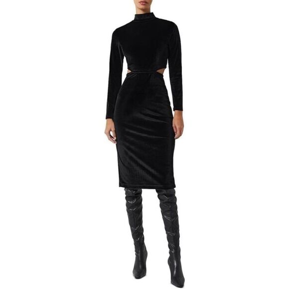 French Connection Womens Sula Black Velvet Cut-Out Semi-Formal Midi Dress - Picture 1 of 15